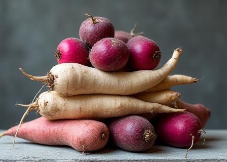 Assorted colorful root vegetables with dirt still on them