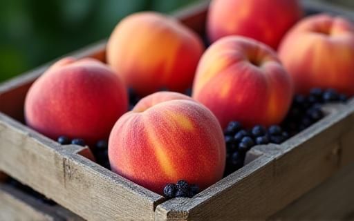Close up of ripe local peaches and berries in a wooden crate